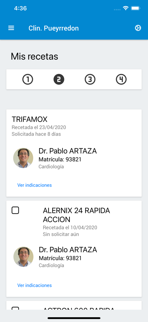 Clinica Pueyrredon - Mobile screen showing a list of digital medical prescriptions with doctor details in the Clinica Pueyrredon app