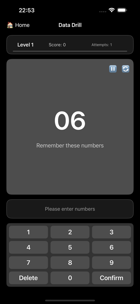 DataDrillQQ app interface for number memory training at level one with a numeric keypad