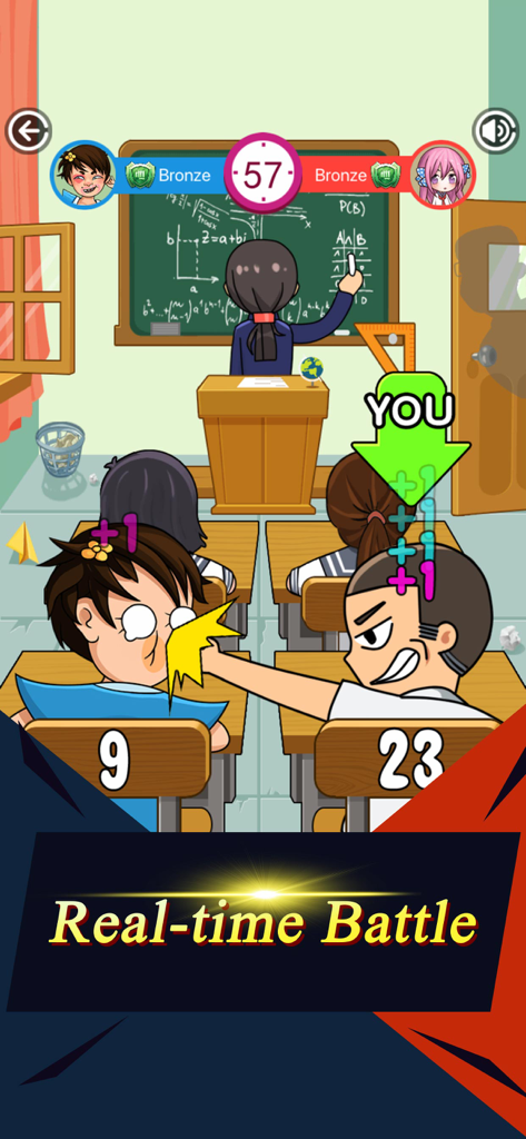 Gameplay de dessin animé de deux étudiants dans une salle de classe lors d'une bataille en temps réel dans Class.io.