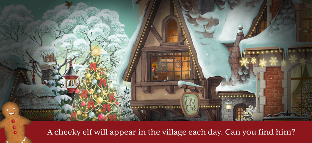 A festive snowy village scene with a decorated Christmas tree and a search for a hidden elf game.