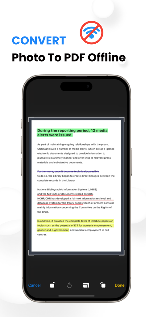 iPhone screen displaying offline photo to PDF conversion of a scanned document