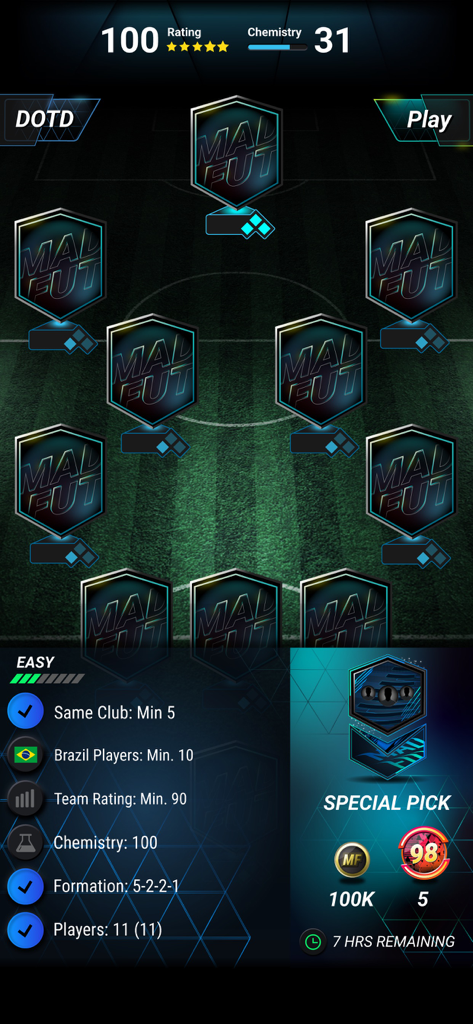 MADFUT 26 app screen showing a soccer draft formation with squad building objectives for the Draft of the Day challenge.