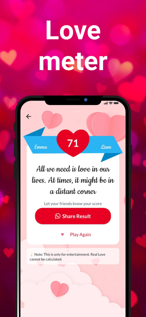 Love Tester: Real Love Test - Love meter app result showing a score of 71 for Emma and Liam
