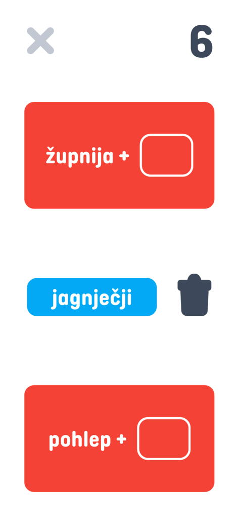 Igra besed - Gameplay screen of Igra besed showing a Slovenian word association puzzle with draggable blocks