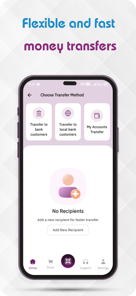 Trust Bank mobile app screen showing options for flexible and fast money transfers between accounts.