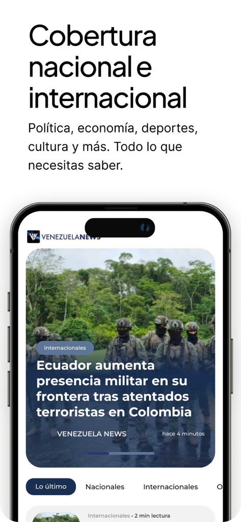 Venezuela News App - Venezuela News App displaying national and international news articles on an iPhone