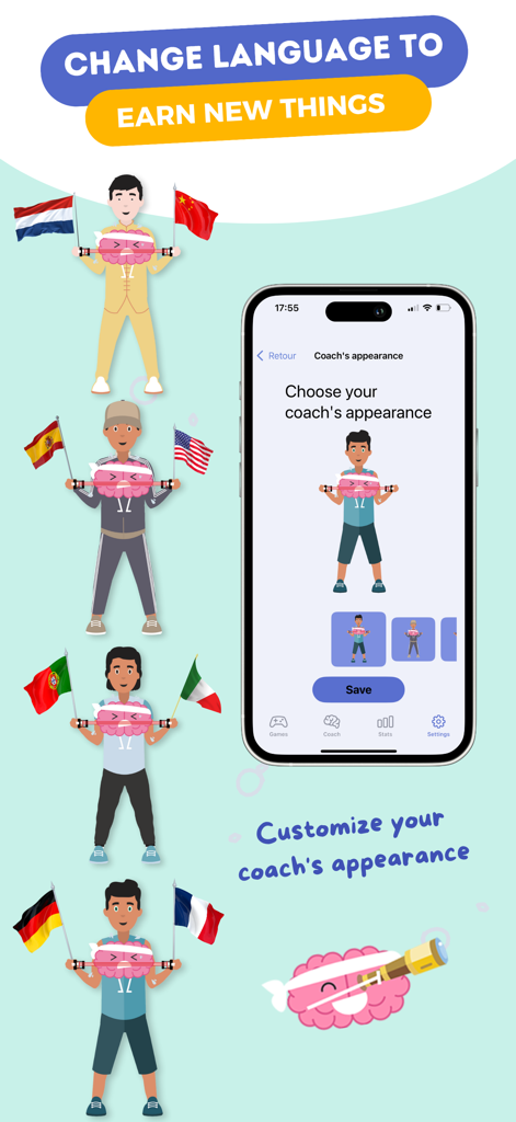 CLINT, your brain coach - Interface showing customization options for the brain coach character and language selection with international flags.