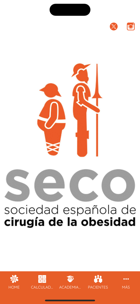 Pantalla de inicio de la app SECO con el logo de la Sociedad Española de Cirugía de la Obesidad y menú de navegación profesional.