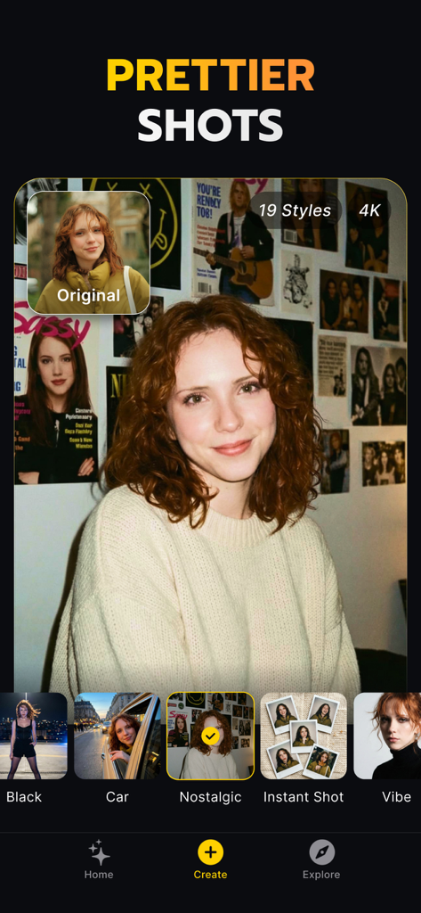 Geno: Trend AI Photo Face Swap - Interface of the Geno app showing a woman portrait with a nostalgic AI photo filter applied and other style options.