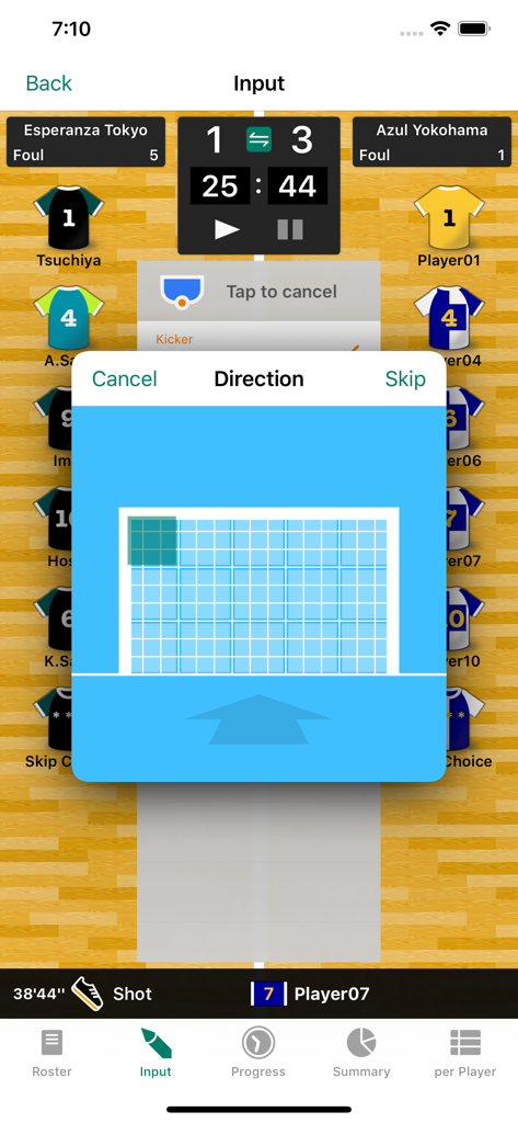 A mobile app screen for tracking futsal match stats with a popup to select shot direction on a goal grid.