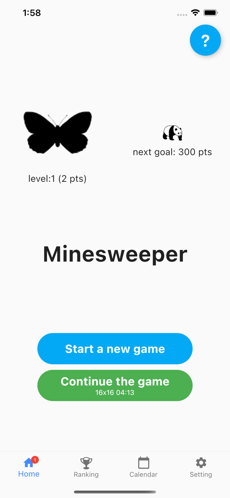Minesweeper - Classical Game - Home screen of the Minesweeper Classical Game app featuring start and continue buttons with a minimalist design