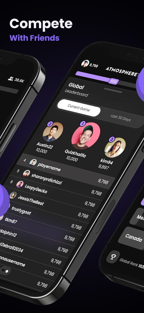 A smartphone showing the Atmosphere Trivia global leaderboard with player rankings and the text Compete With Friends