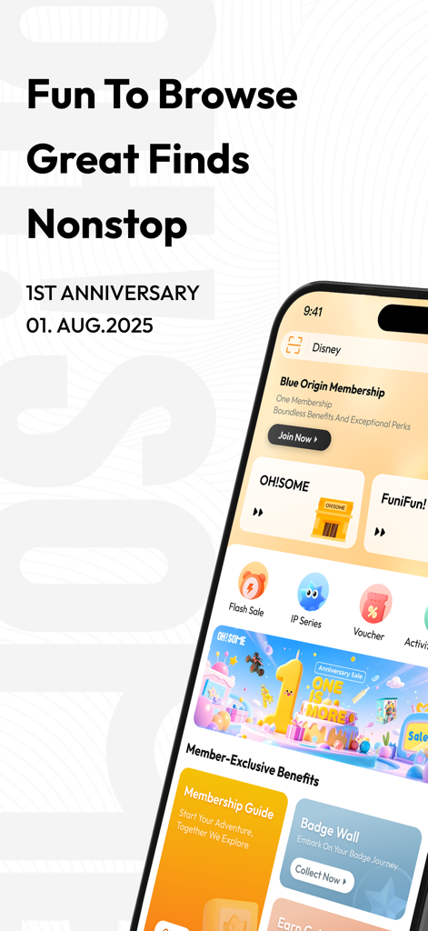 Schermata principale dell'app di shopping di lifestyle OH!SOME con offerte lampo, premi per i membri e saldi anniversario.