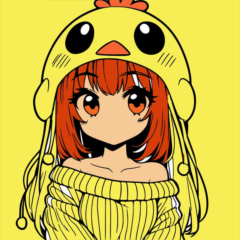 anime girl with chick shaped hat with sweater with bare shoulders with bangs covering them one eye with low tail