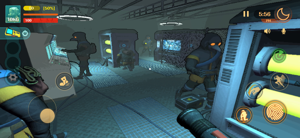 MIMESIS: Deceive or Die - Gameplay aus der Ego-Perspektive von Spielern in vogelförmigen Masken, die einen dunklen Industrie-Raumschiffraum in MIMESIS Deceive or Die erkunden.