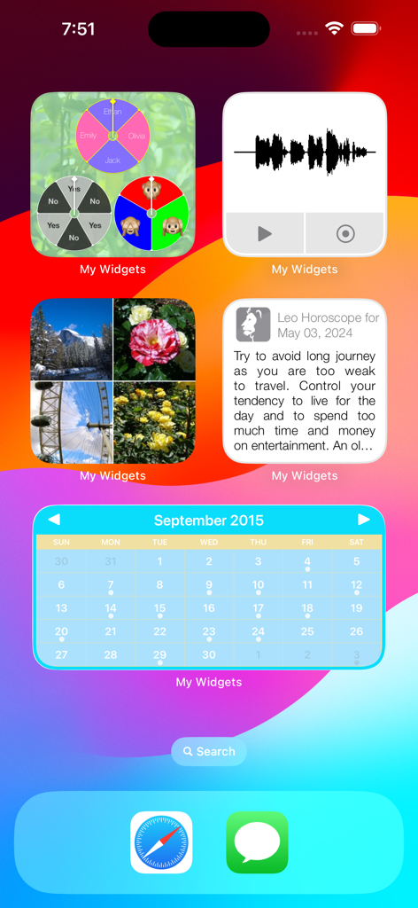 My Widgets - Pantalla de inicio de iPhone mostrando widgets personalizados para calendario, fotos, horóscopo y notas de audio