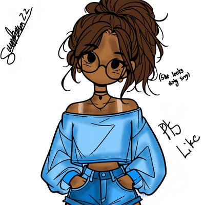 girl with a messy ponytail glasses a baggy crop top and jean shorts