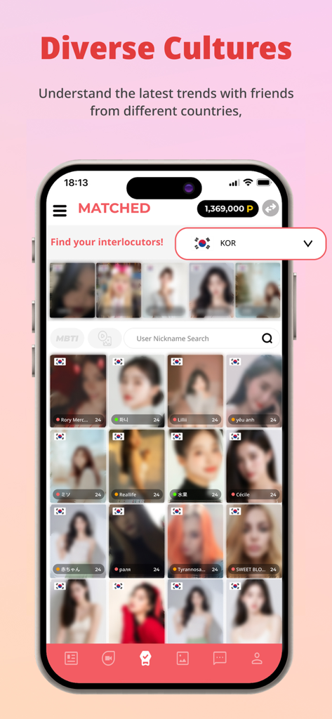 ViewChat app interface showing a grid of profile matches filtered by South Korea.