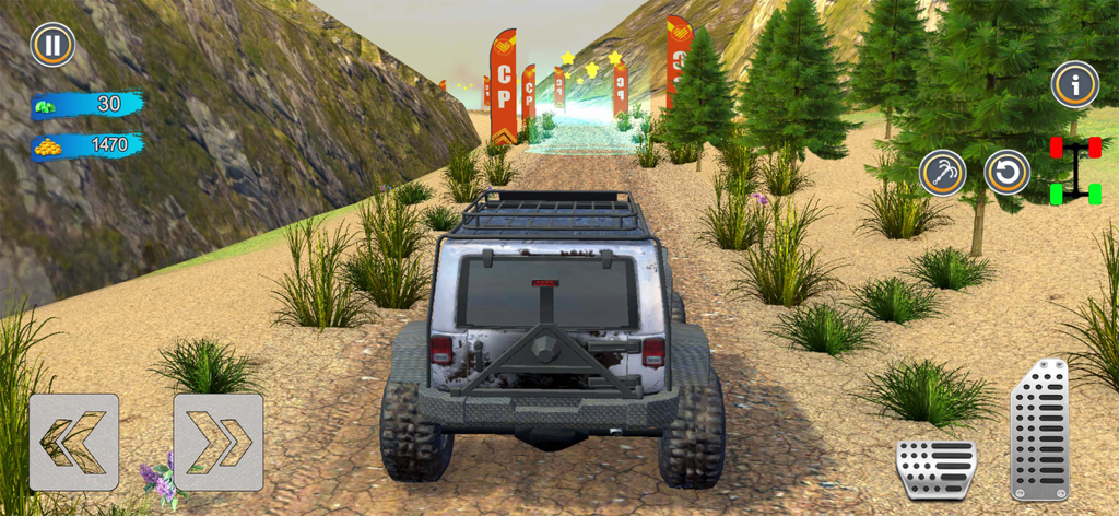 Um jipe 4x4 sujo dirigindo em uma pista de terra montanhosa em direção a checkpoints laranjas em um jogo de simulador offroad