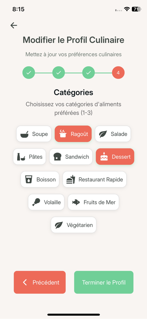 Kook app screen for selecting favorite food categories to personalize AI recipe recommendations.