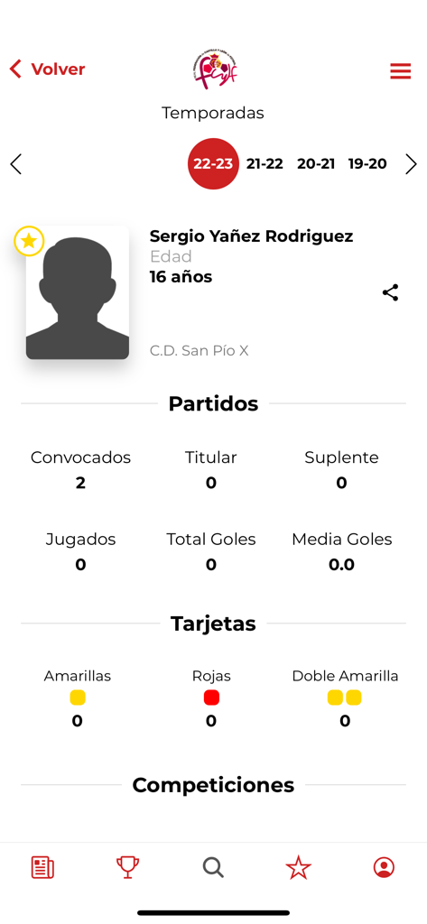 A mobile screen displaying soccer player statistics including matches played goals and cards in the RFCYLF app.
