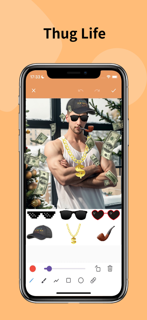 Funto - Mobile screen showing the Funto app interface used to create a Thug Life meme with sunglasses and a gold chain sticker.