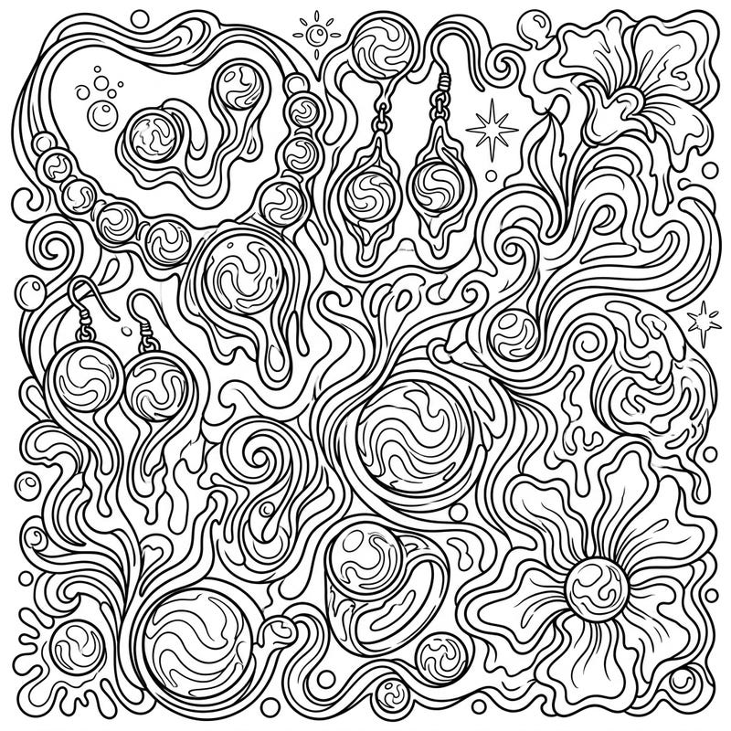 Explore a mesmerizing world where classic elegance meets mind-bending art with this psychedelic pearl jewelry coloring page. Lose yourself in swirling patterns and distorted forms, creating a truly unique masterpiece.