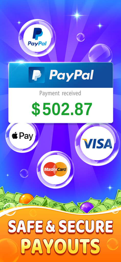 Bubble Clash: Win Real Cash - Safe and secure cash payouts screen showing a PayPal receipt and logos for Apple Pay, Visa, and Mastercard