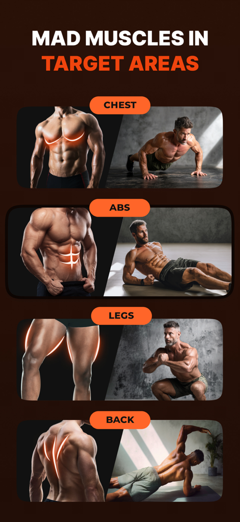 Military Workout: Muscle Max - A menu showing targeted muscle groups for Chest, Abs, Legs, and Back with men performing bodyweight exercises like pushups and squats.