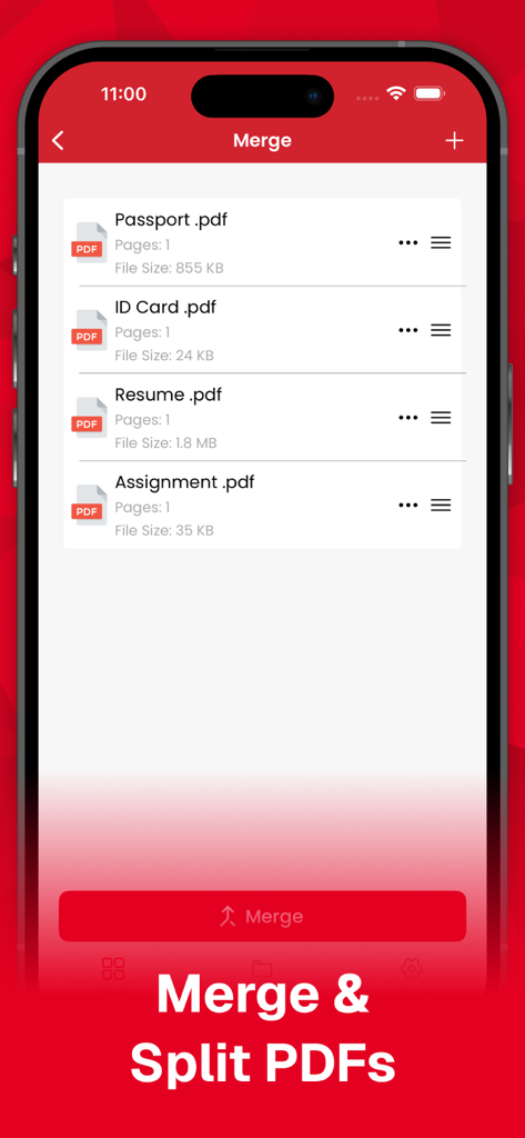 Interface of the Photos to PDF Converter app showing the document merging feature.