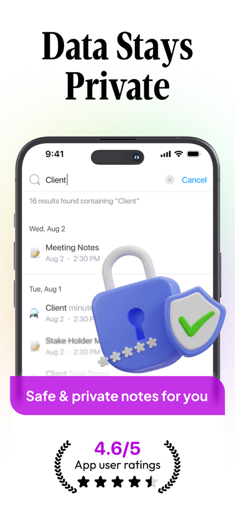 Greatnotes5 - AI Notes Taker - Greatnotes5 app interface showing a 3D padlock and shield to represent private and secure note taking