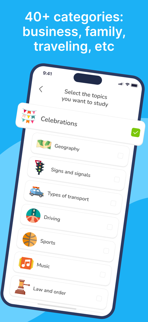AI Spanish Minute - AI Spanish Minuteアプリのモバイル画面。お祝いや地理など、40以上の学習カテゴリーの選択が表示されています