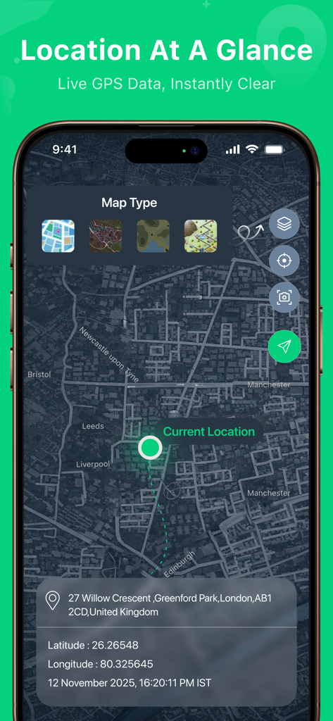 GPS Emulator - Location Track - A smartphone screen showing the GPS Emulator app with live location details including latitude longitude and address on a map
