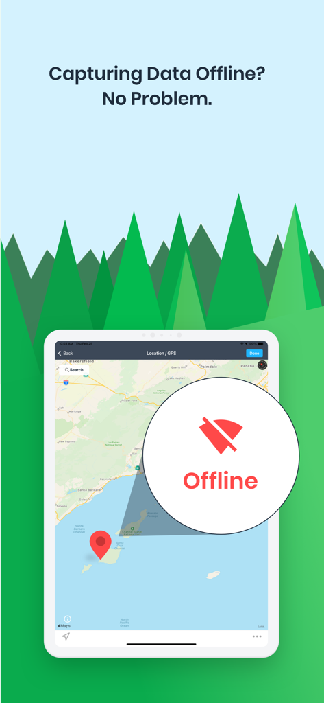 An iPad displaying the FastField Mobile Forms app capturing map and GPS data while in offline mode