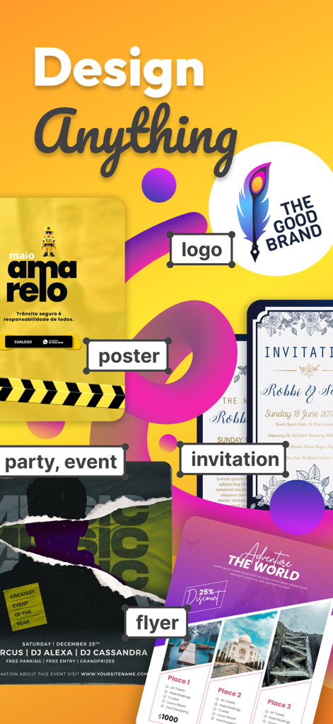 Poster Maker - Crea - Crea app interface showcasing various design templates for logos, posters, and invitations