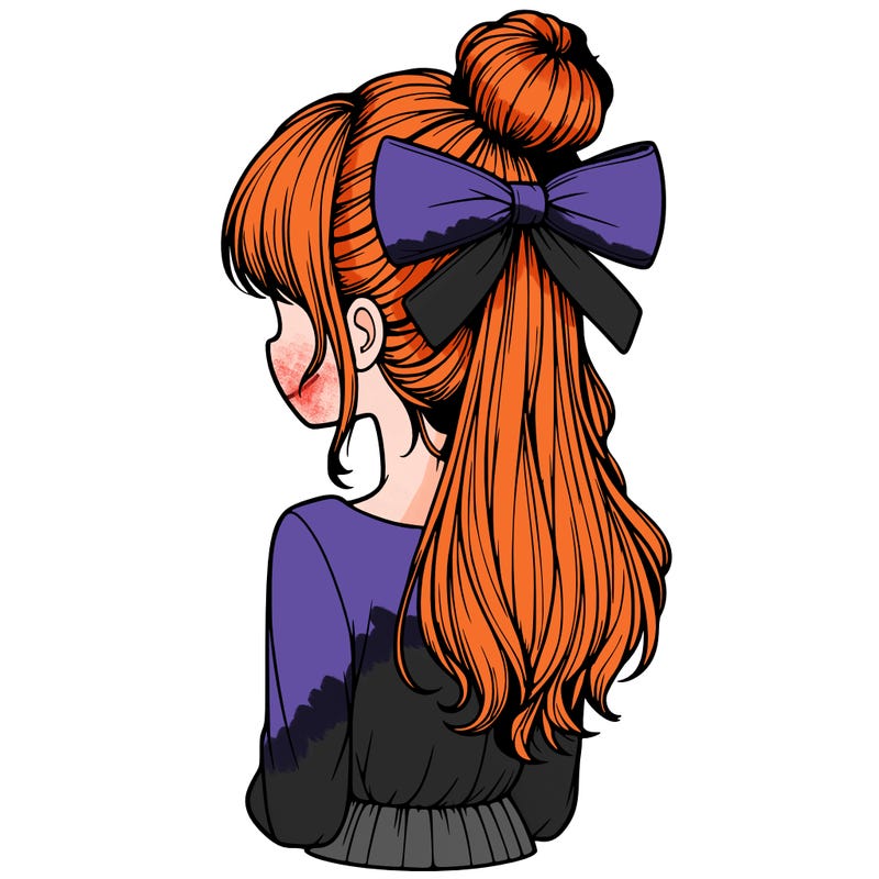realistic girl  with hip length hair a bun and a big bow on the back of head