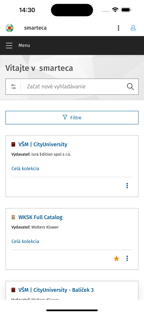 Smarteca SK mobile app interface with library search bar and publication catalogs.