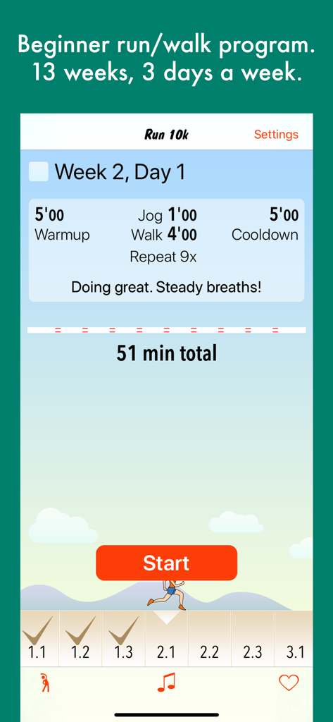 Run 10k - couch to 10k program - Run 10k app interface showing a thirteen week beginner run and walk training program