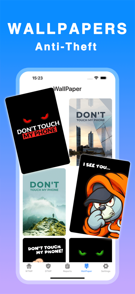 Eine Auswahl an stilvollen Anti-Diebstahl-Sperrbildschirm-Hintergrundbildern innerhalb der Don't Touch My Phone App.