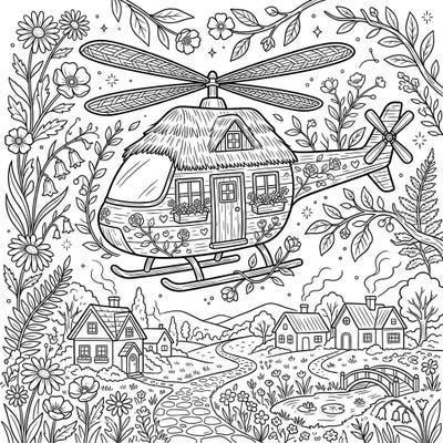 Embark on a delightful creative journey with this unique coloring page featuring a charming cottage-helicopter amidst a lush cottagecore landscape. Perfect for those who love whimsical designs and the tranquility of nature.