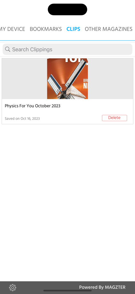 Physics For You - Interface of the Physics For You app showing the clips section with a saved October 2023 magazine issue