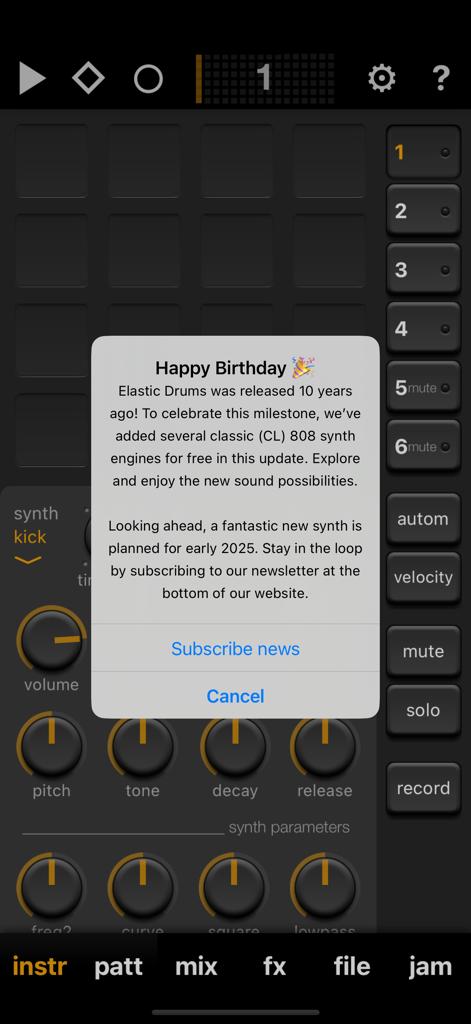 Elastic Drums - Elastic Drums 10th anniversary announcement on drum synth app interface