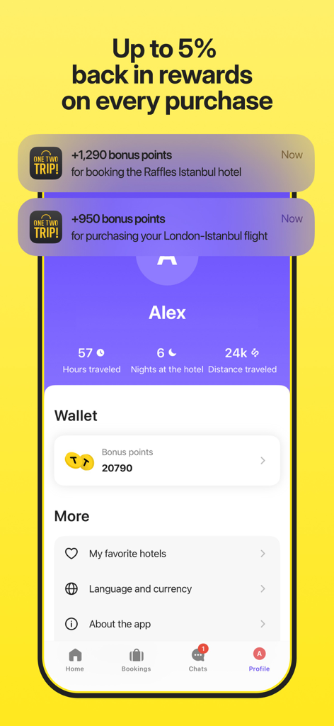 OneTwoTrip Flights and Hotels - OneTwoTrip App Profilbildschirm zeigt Bonuspunkt-Wallet und Reisedaten