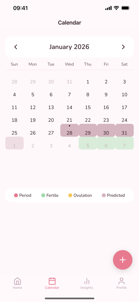 Period & Cycle Tracker - Perry - A minimalist calendar view from the Perry period tracker app showing predicted cycle and fertile window dates