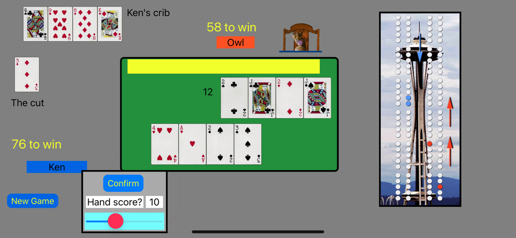 Un partido de Master Cribbage que muestra un fondo de tablero personalizado de la Space Needle de Seattle y una ventana de entrada de puntuación manual.