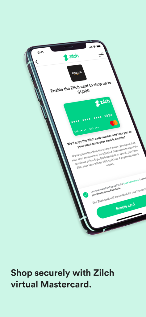 A smartphone showing the Zilch app interface with a virtual Mastercard and an option to enable the card for secure shopping at Amazon