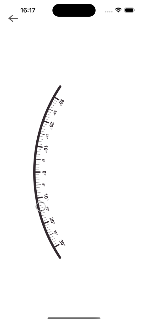 Interface digital do escoliômetro com uma escala curva em graus para medir a rotação da coluna