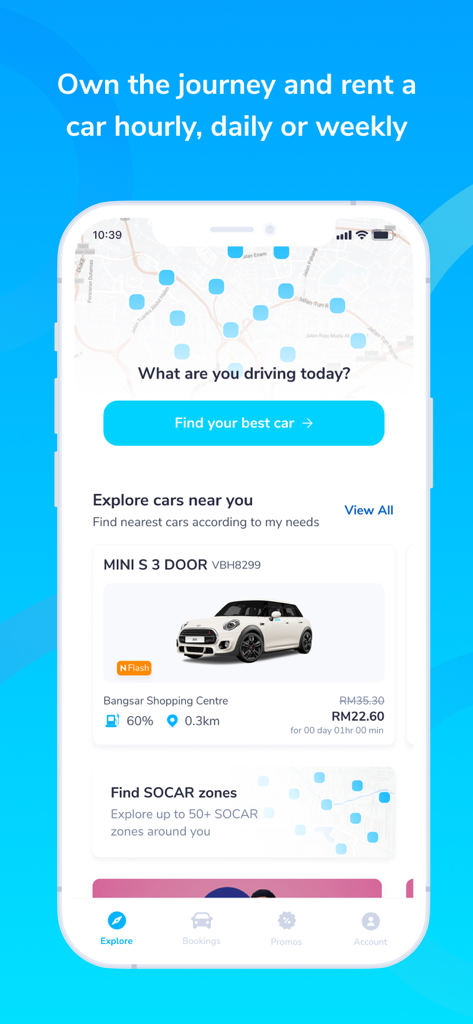 SOCAR Malaysia mobile app showing available rental cars and a map of nearby vehicles