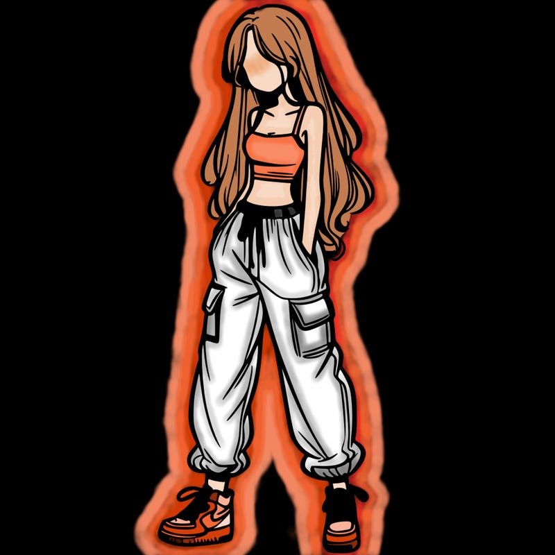 girl in baggy pants crop top and long hair