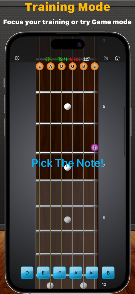 Fretuoso - Fretuoso app training mode interface showing a guitar fretboard note identification game